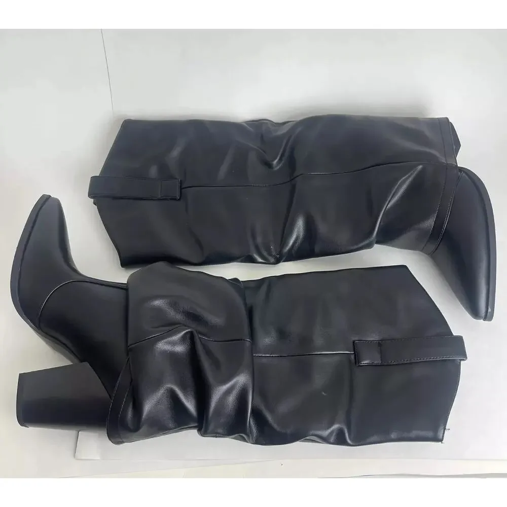 Kween Womens Pointed Toe Block Heel Ruched Boot Black‎ Size 8.5 NEW No Box